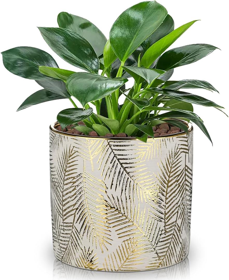 Small Ceramic Pot for Indoor Plants, 5.3 inch Plant Pot with Drainage Hole Decorative Texture Gold Planter Indoor Outdoor Flower Pots for Succulent Snake Plant Pothos Orchid (Pinkish Grey & Gold)