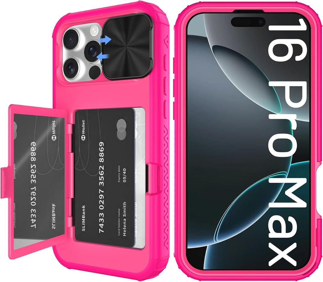 2 x Tieuwant for iPhone 16 Pro Max Case Wallet, Built-in Mirror, Card Holder, Slide Camera Cover, Kickstand, Ultra Thin & Comfortable, Rugged Heavy Duty Girls Women Protective iPhone 16 Case,Rosepink
