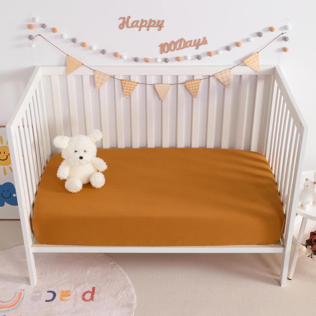 NTBAY 2 Pack Muslin Cotton Mini Crib Sheets, Soft and Breathable Double Layer 24x38 Baby Crib Sheets for Mini Crib and Toddler Mattresses, Boys, Girls, Unisex, Golden Brown, 24x38 Inches