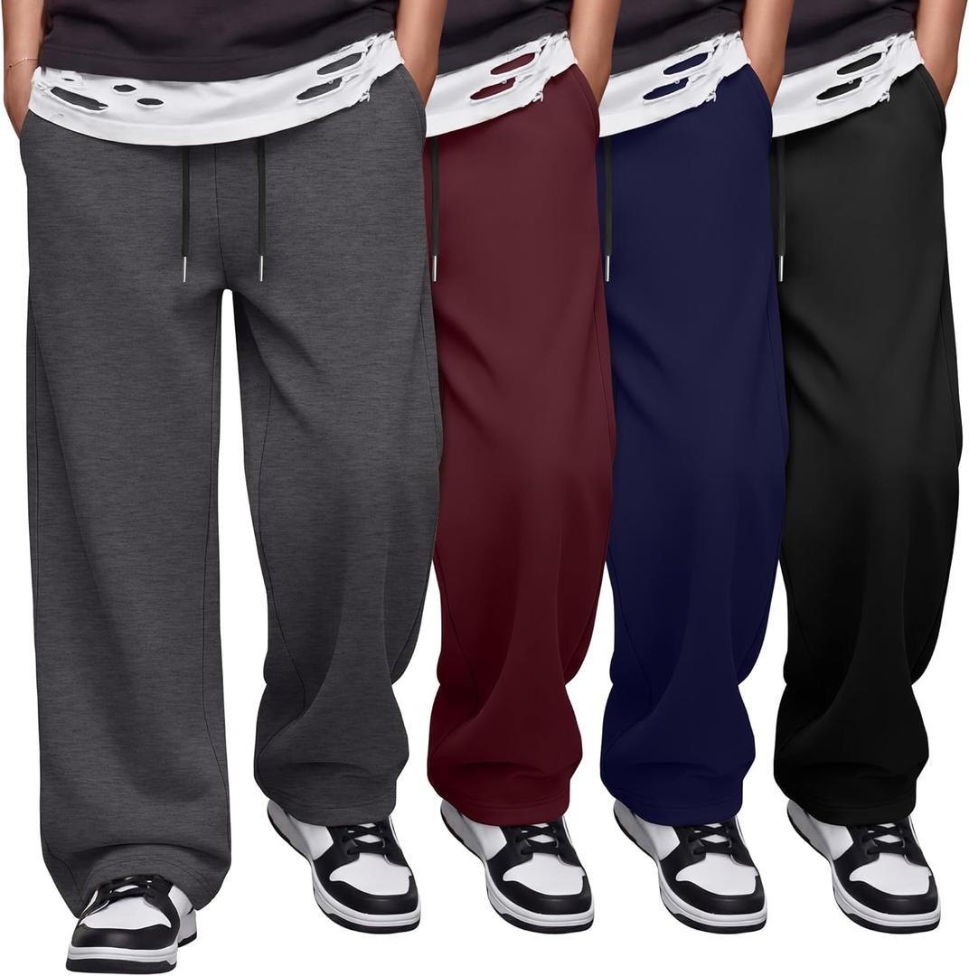 4 Pack Boys Baggy Sweatpants Kids Lightweight Pants Youth Elastic Waist Drawstring Open Bottom Joggers with Pockets (11-12 Years, Black, Wine Red, Navy Blue, Dark Mixed Gray)