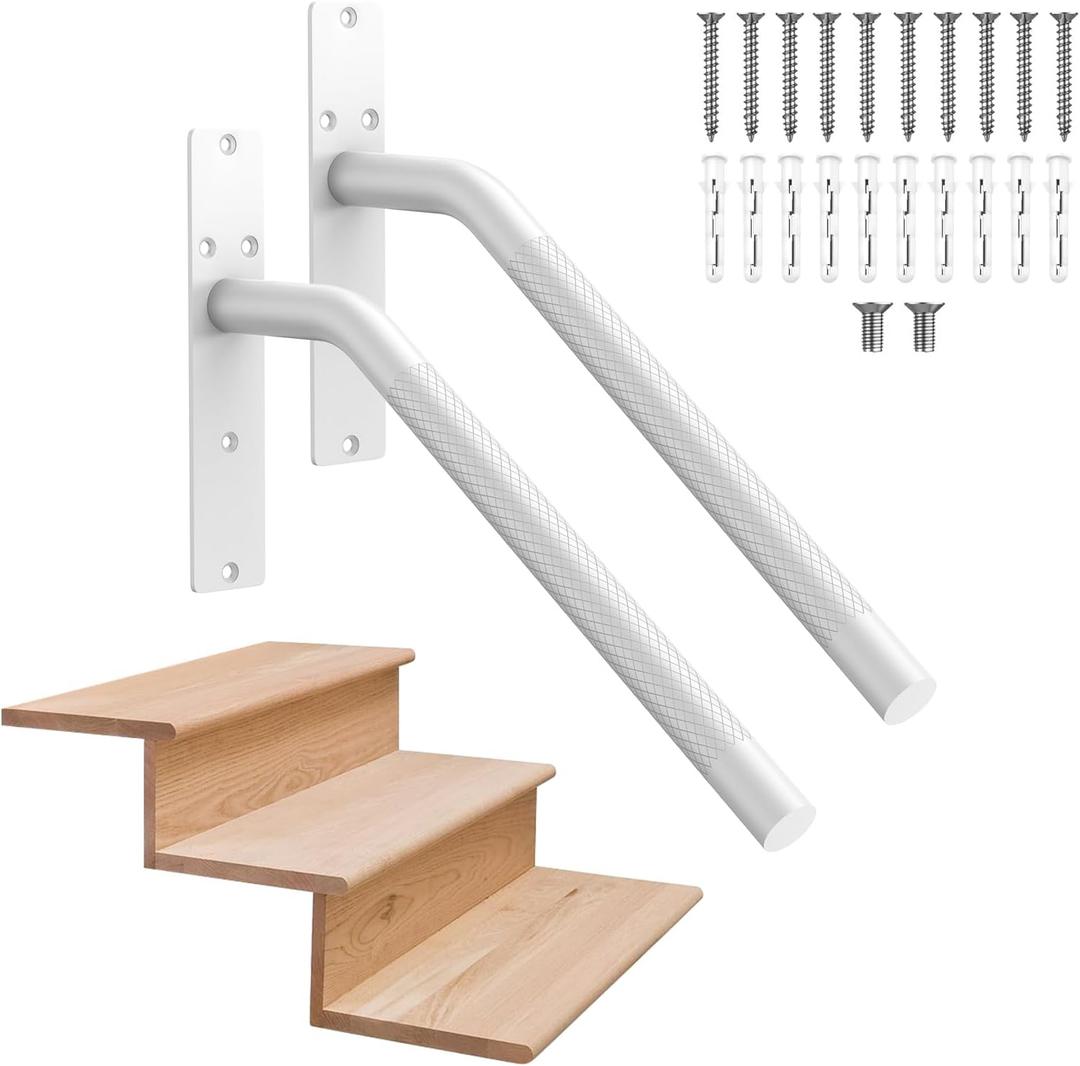 2 Pack 16 Inch White Stair Handrails for 1-3 Steps, Munzong Anti-Slip Stainless Steel Hand Rail for Stairs, Knurled Safety Grab Bar for Outdoor Garage Porch Entry Interior Exterior Stairway-1.25 Tube