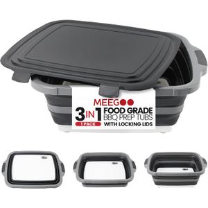 BBQ Prep Tub 3-IN-1 Large 16L Collapsible Cutting Board with Locking Lid for Meal Prep Marinating Food, Camping Sink with Colander, Dish Basin, Storage Blanket for Camping Picnic BBQ, Black