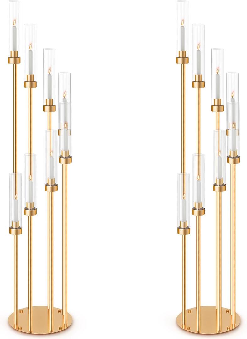 Suclain 2 Sets Floor Candelabra 8 Arms 54 Inch Tall Metal Candle Holders Candlestick Centerpiece for Table Candle Holder with Acrylic Lampshade for Wedding Party Home Decoration (Gold)
