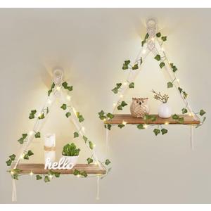 Mkono Artificial Ivy Macrame Hanging Shelves with Lights Set of 2 Boho Wall Decor Display Plants Photos Wood Floating Storage Shelf for Bedroom Bathroom Living Room Nursery Dorm Kitchen, White (Ivory)