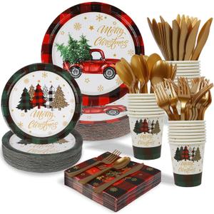 ANALIM 350 PCS Christmas Disposable Paper Dinnerware Set Includes Dinner Plates, Dessert Plates, Cups, Napkins, Knives, Forks, Spoons for Christmas Party Supplies