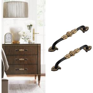 2 Pack Antique Brass Cabinet Handles 5 inch French Provincial Drawer Pulls Vintage Cabinet Hardware Floral Drawer Pull Solid Brass Antique Gold Handles for Dresser - Gold & Black (5" Hole Center)