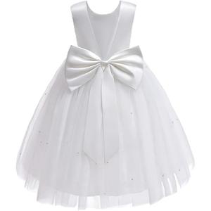 Mokpi Flower Girls Wedding Dress Princess Birthday Party Satin V-Back Ball Gown Prom (130, White)