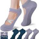 Pilates Socks with Grips for Women  Non-Slip Grip Socks for Pilates, Yoga, Barre & Dance (4-10 Short, Dark Blue and Purple)