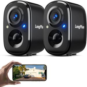LongPlus Security Cameras Wireless Outdoor Camera Wireless Camera for Home Security, 2 Pack Battery Powered WiFi Cameras with AI Motion Detection, 2-Way Talk, Cloud/SD Storage (Black ( 2Pack 1080P ))