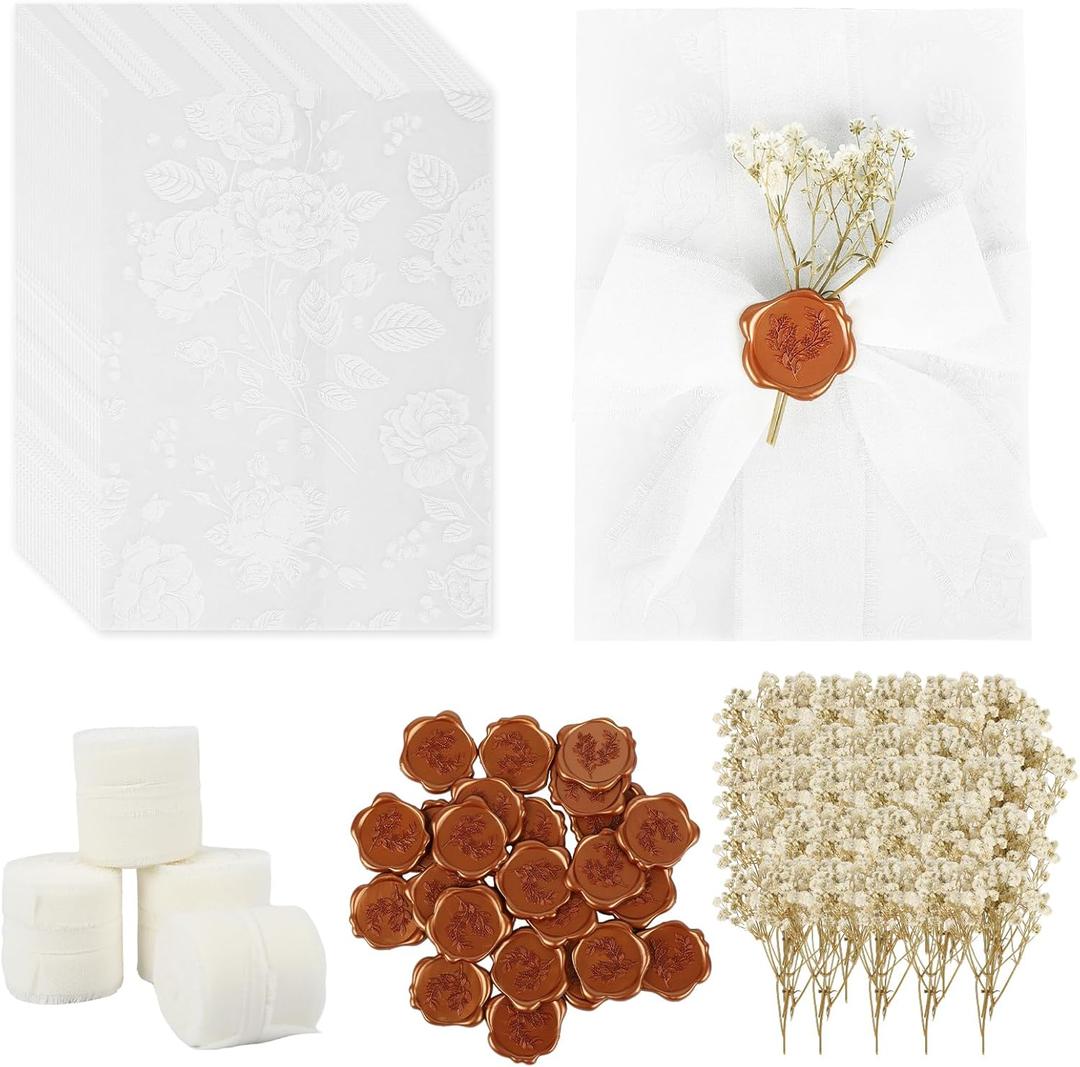 25 Sets Wedding Invitation Kit Vellum Jackets for 5x7 Invitations, 4 Rolls Chiffon Ribbon, Dried Gypsophila and Wax Seal Stickers for Wedding Invitation Accessories Elegant DIY Weddings Supplies