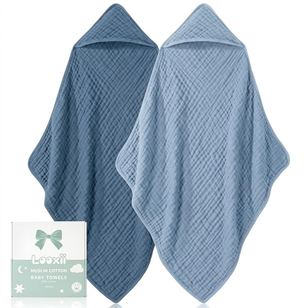 Looxii Baby Bath Towels 2 Pack Muslin Hooded Baby Towels for Newborn and Infants, 100% Cotton, Large 32x32Inch, Soft and Absorbent Gradient Blue