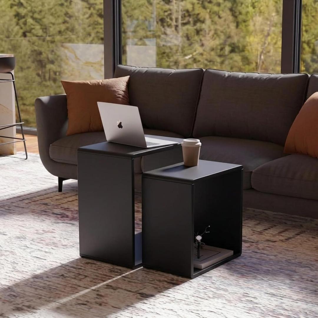 Relso Cascade Nesting Tables Set of 2 - Solid Wood with Smooth Rounded Edges for Stylish Living Room, Bedroom Or Outdoor Use - Space-Saving Design, Long-Lasting, Black Finish