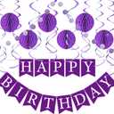 Purple Birthday Decorations Kit - 16-Piece Set with Pre-Strung Happy Birthday Banner, Honeycomb Balls, Garland & Swirls | Purple Theme Party Supplies for Women Girls Kids, Teens Adults