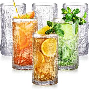 Set of 6 Textured Drinking Glasses, 12 oz Embossed Highball Water Glasses, Iced Tea Beverage Glass Thick Heavy Base, Vintage Glassware Sturdy Drinkware for Juice, Milk, Coffee, Dishwasher Safe