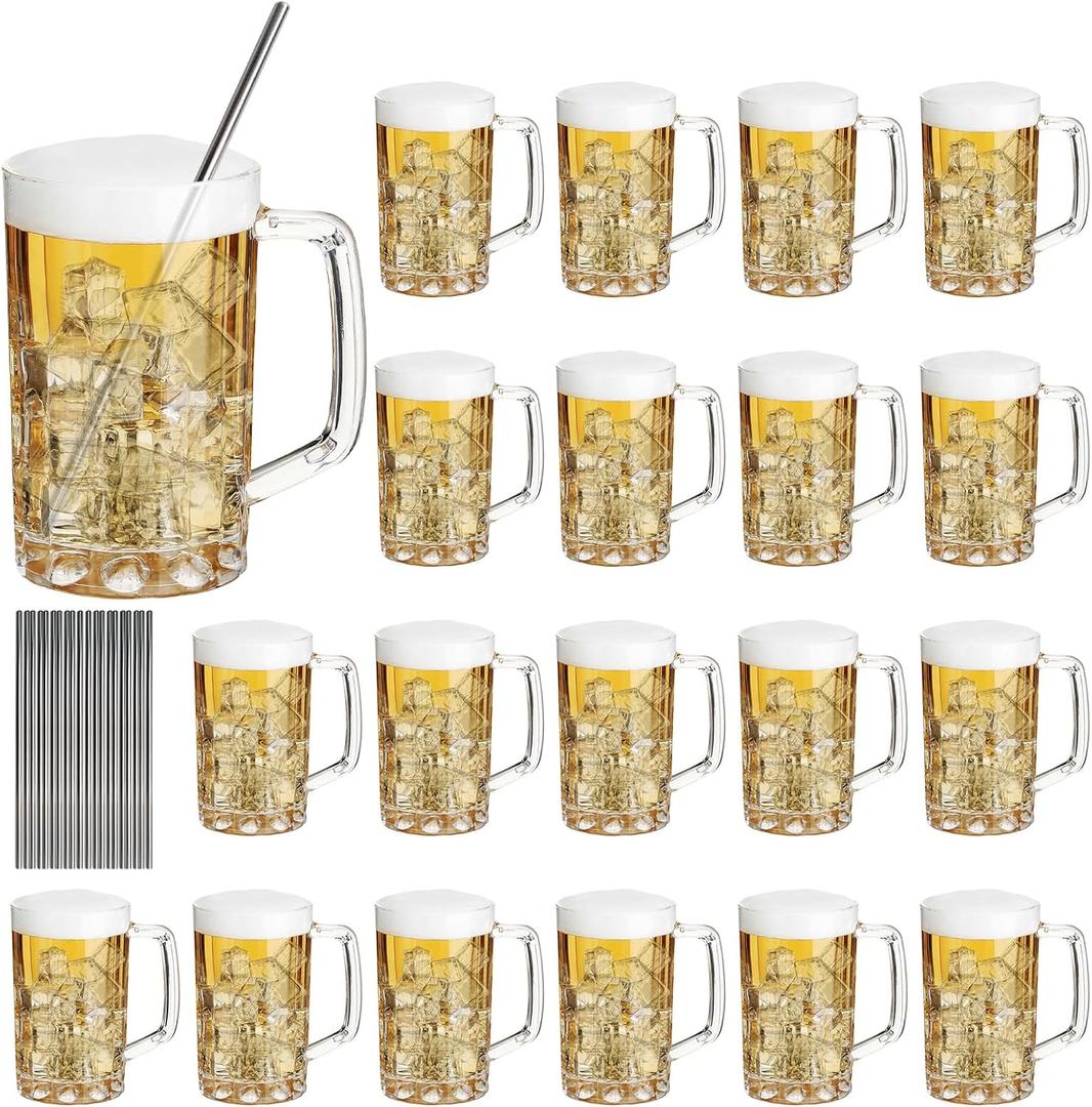 20 Pcs Plastic Beer Mugs with Handles and 20 Stainless Steel Straws, Large Drinking Cups Reusable Clear Beer Stein Glasses Bulk for Bar, Home, and Party Beverages(16 oz)