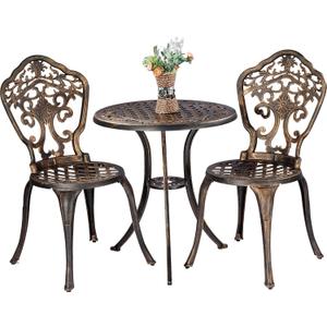 Bistro Set 3 Piece Rustproof Cast Aluminum Patio Furniture Sets 2 Chairs and 1 Round Table Outdoor, Garden, Patio, Balcony, Bronze, Carved Chair Set