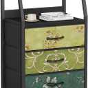 Furnulem Retro Night Stand with 3 Drawers and 2-Tier Shelf, Small Nightstand Side Table, Vintage Storage Dresser for Bedroom, Fabric Drawer Organizer for Closet, Beside Furniture