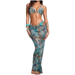 Verdusa Women's 3 Piece Cheetah Print Halter Bikini Set Animal Pattern Swimsuits with Cover Up Skirt Size S