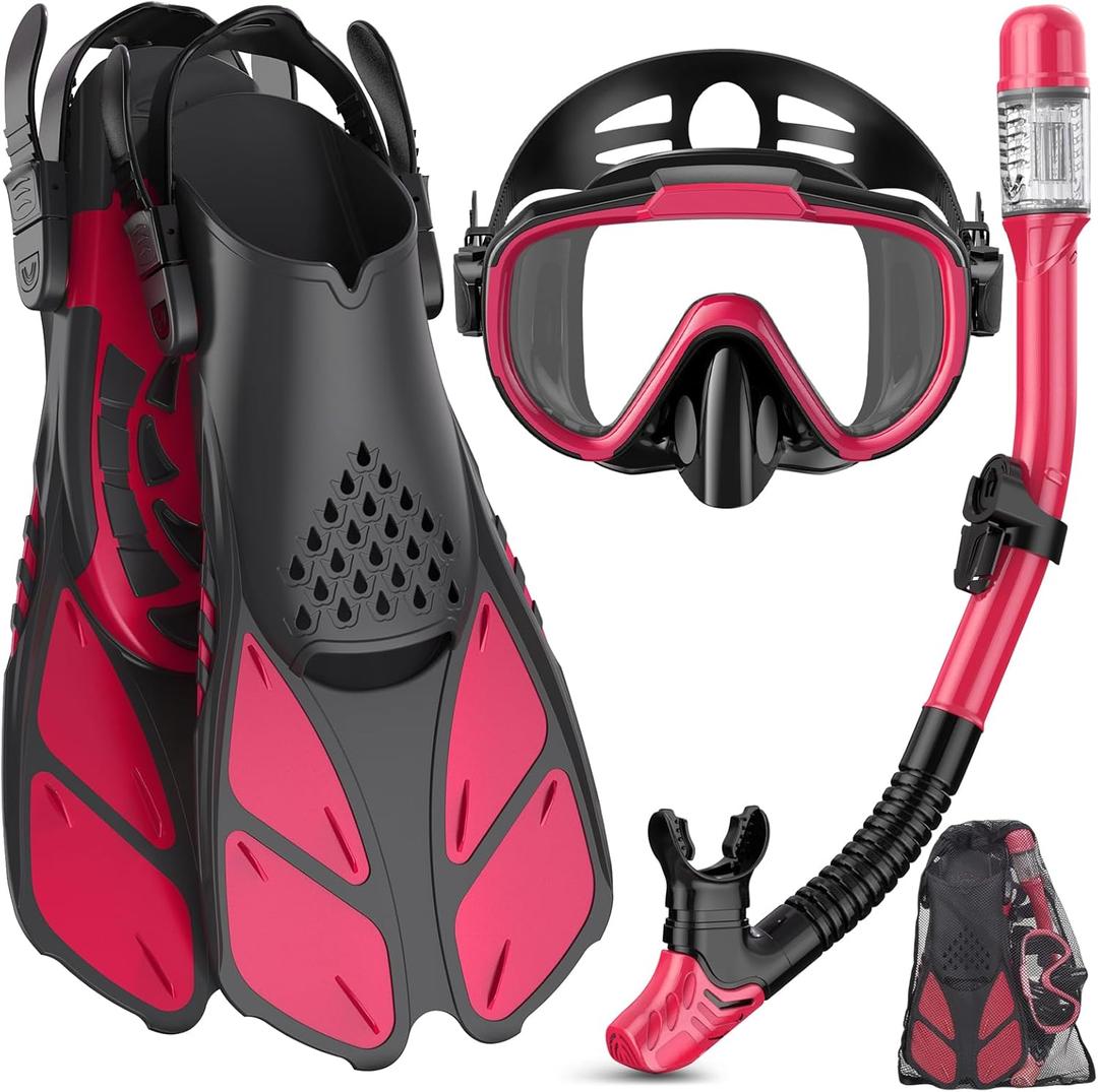 Ubekezele Snorkeling Gear for Adults Men Women,4 in 1 Snorkel Set with Panoramic View Diving Mask Anti-Fog Anti-Leak,Dry Top Snorkel,Fins and Travel Bag for Swimming,Snorkeling and Travel Diving (ML/XL, PinkRed)