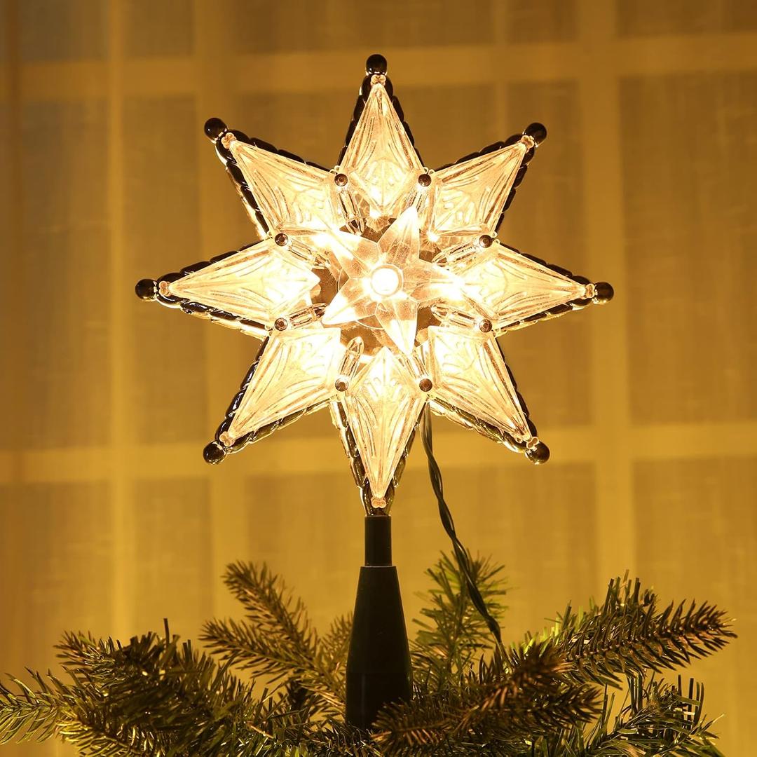 Brizled Star Christmas Tree Topper, 8" Lighted Double-Sided Star Treetop, 8-Point Xmas Tree Topper with 10 Warm Lights, 120V UL Certified for Christmas Ornament Party Home Decor