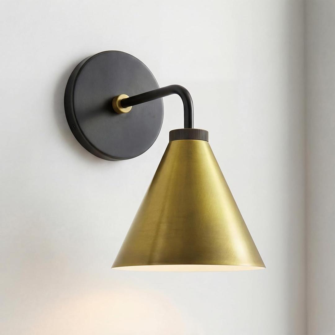Retro Metal Cone Sconce Light - Modern Gold Wall Sconce with Metal Shade, Wall Mount Lighting for Bedroom, Hallway, Living Room (10.5W x 10.5" L x 12.5" H Black Plate and Gold), 11 inch