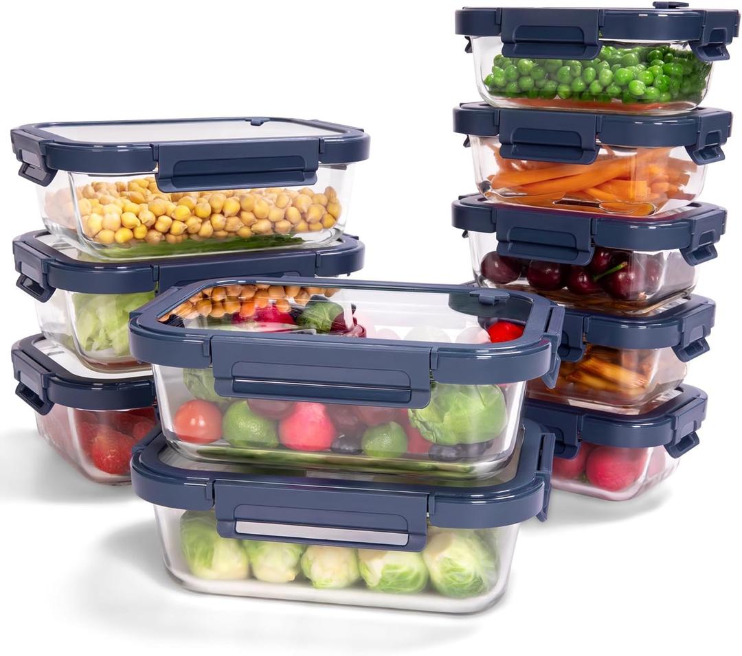 10-Pack Glass Food Storage Containers with Tempered Lids Borosilicate, Airtight, Oven-Safe (-4F~950F), BPA-Free, 4.4 & 1.6 Cup, Leak-Proof, Dishwasher Safe (Blue)