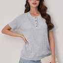 Womens Tops Summer Sweaters Short Sleeve Patchwork V Neck Henley Shirts 2026 Dressy Casual Business Tunic Blouses (Gray, XL)