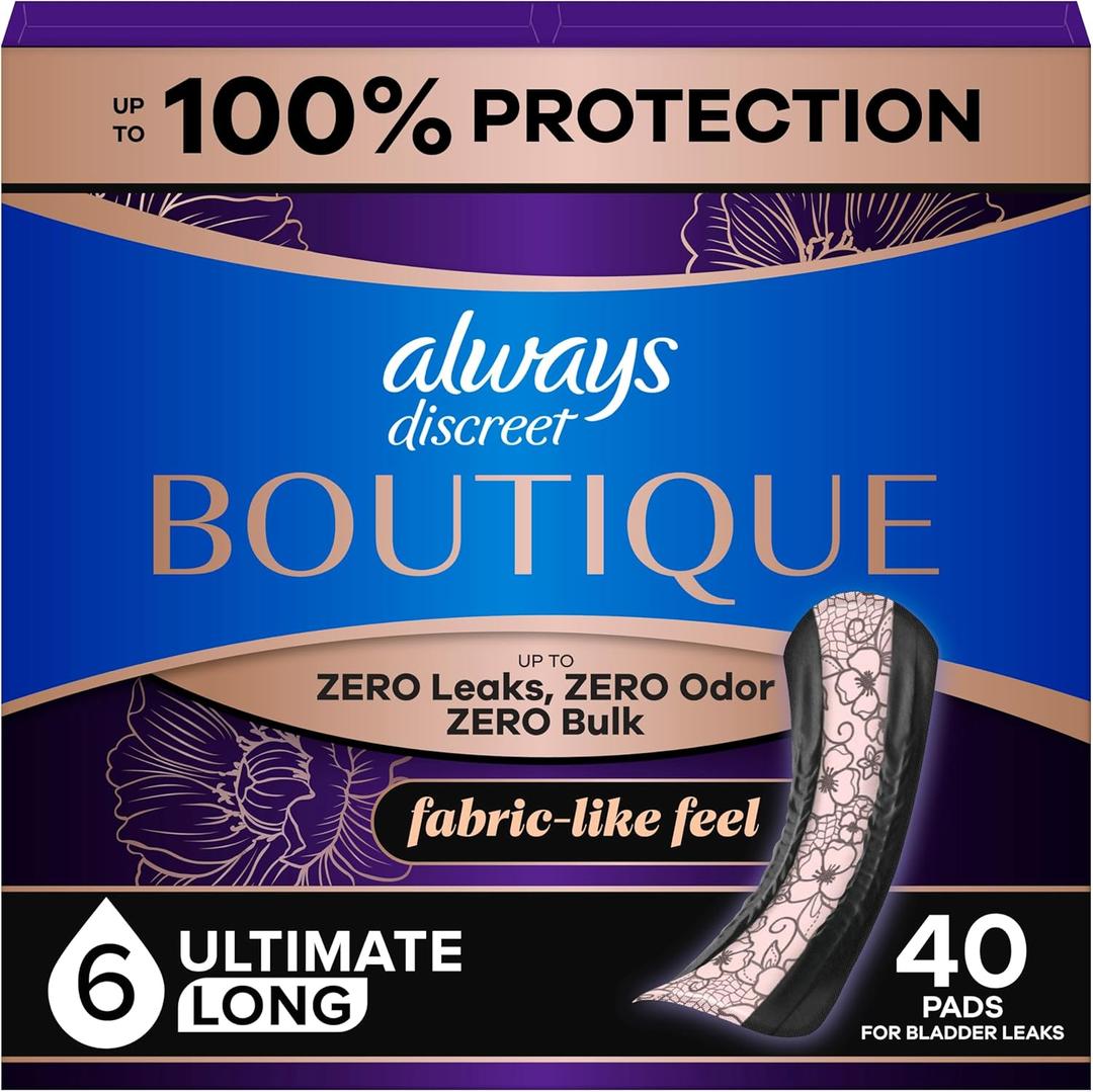 Always Discreet Boutique Incontinence Pads, for Bladder Leaks, Extra Heavy Absorbency, Long Length, 40 Count (2 Packs of 20)