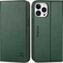 SHIELDON Case for iPhone 13 Pro 6.1", Genuine Leather Flip Wallet RFID Blocking Card Slots Magnetic Kickstand Shockproof Protective Case Compatible with iPhone 13 Pro - Midnight Green