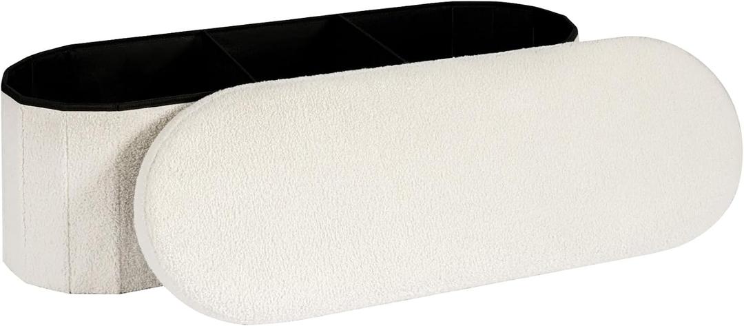 Storage Ottoman Bench, 43.3 Inches Oval Ottoman with Storage, Teddy Boucle Foot Rest, Large Folding Ottoman Bench for Living Room, Entryway, Bedroom, White, 43.3"D x 15"W x 15"H
