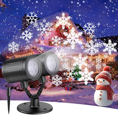 2026 Latest Snowflake Christmas Projector Lights Outdoor, Double Head Crystal-Clear Holiday Projector Outdoor with Timer, Snowfall LED Xmas Lights for House Outside Indoor Christmas Decorations