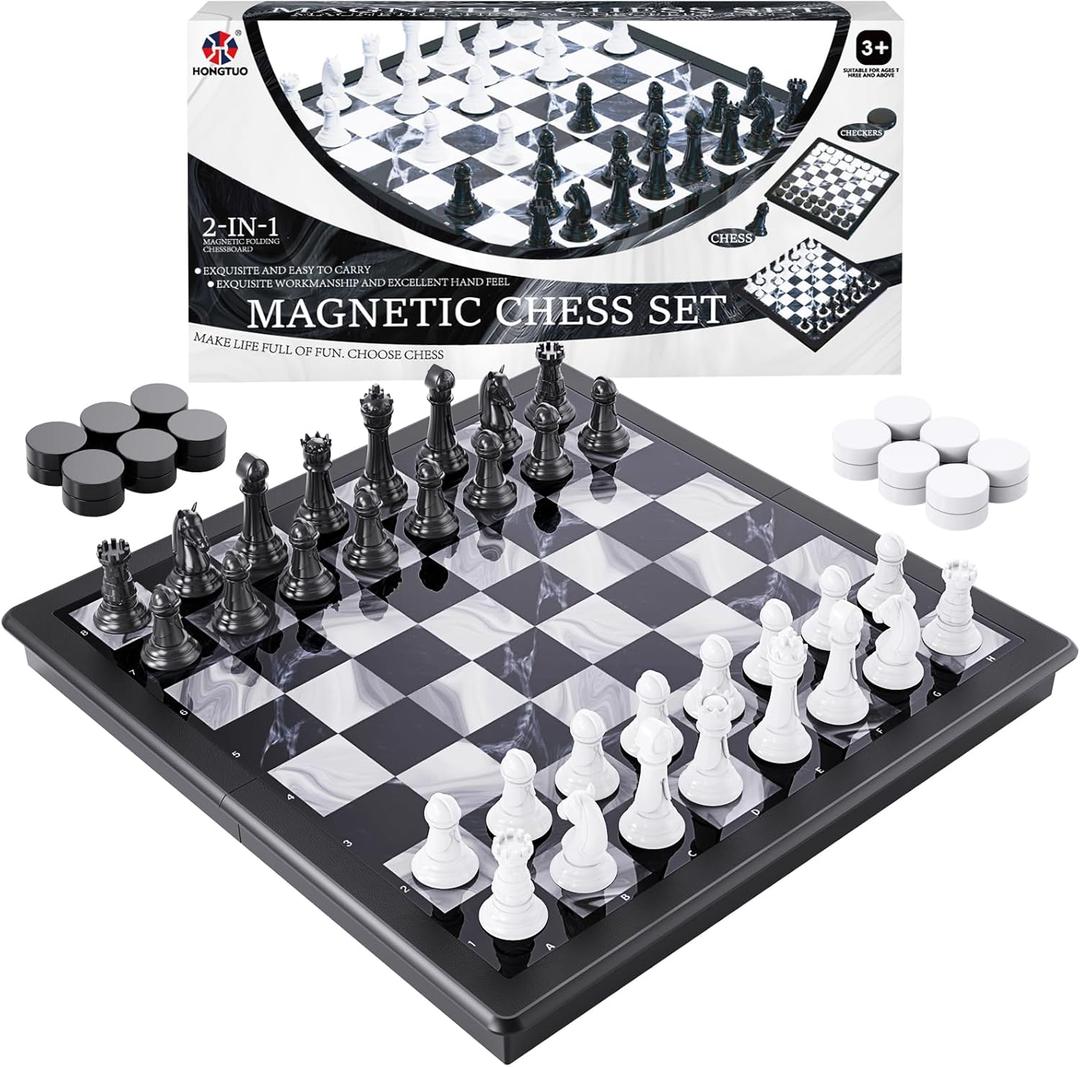 2-in-1 Chess Set and Magnetic Checkers Set - Foldable 13-inch Travel Board Game, Durable Plastic, Puzzle and Strategy Toys for Kids and Adults (Black and White)