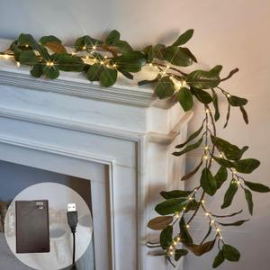 LITBLOOM Faux Magnolia Garland with Lights 6FT Battery Operated with Timer or USB Plug in, Lighted Greenery Garland with 80 Fairy Lights for Home Fireplace Mantle Holiday Decoration Inside