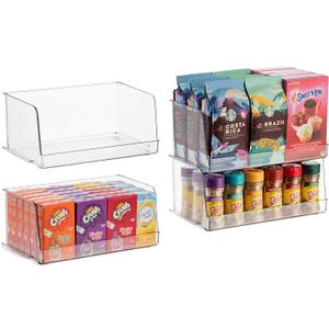Set Of 4 Clear Pantry Organizer Bins Stackable Household Plastic Food Storage Basket with Wide Open Front for Kitchen, Countertops, Cabinets, Refrigerator, Freezer, Bedrooms, Bathrooms - 12" Wide