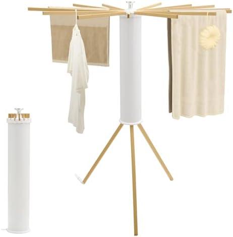 Kroias Tripod Clothes Drying Rack Wooden Drying Rack, Laundry Drying Rack Space Saving Foldable Clothing Rack, Portable Floor Folding Clothes Hanger with 16 Expandable Drying Rods