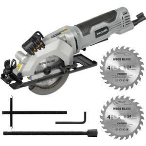 Mini Circular Saw, 4Amp 3500RPM Corded Compact Saw with 4-1/2" 24T TCT Blades, Laser Guide, Rip Guide, Vacuum Adapter and Blade Wrench, Max Cutting Depth 1-11/16"(90), 1-1/8"(45