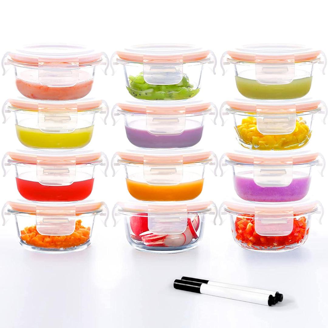 Luvan 7oz Glass Baby Food Containers, 12 Pack Baby Food Jars with Lids Leakproof, Stackable Baby Food Storage Containers Freezer Safe, Baby Bullet Containers for Fruit Purees and Vegetable Mashes