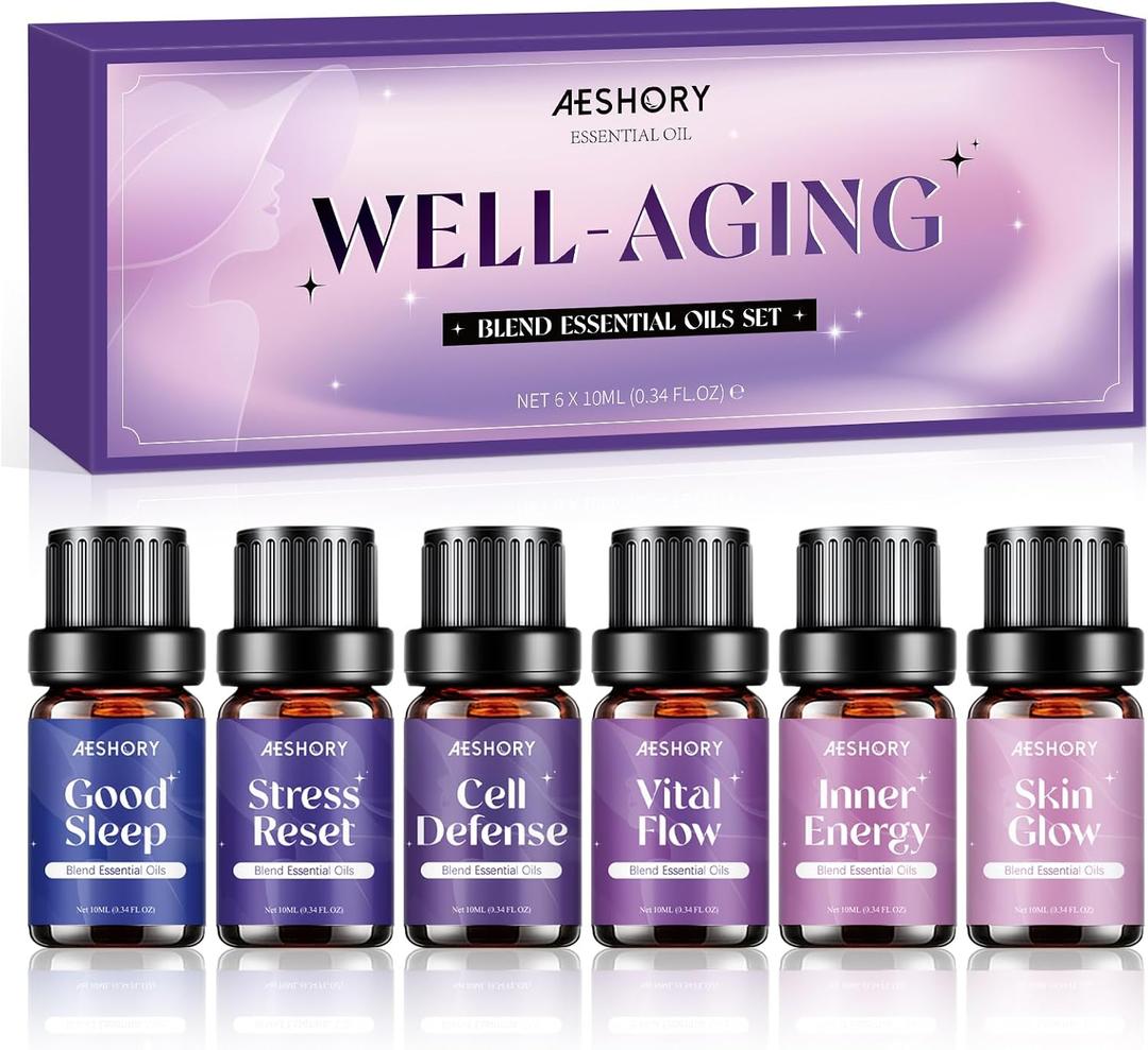 AESHORY Well-Aging Essential Oils Set, 6 Premium Aromatherapy Blend Oils for Diffusers for Home, Self Care & Relaxation Gift for Women, Good Sleep, Stress Reset, Vital Flow, Skin Glow, 6 x 10ML