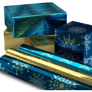 Hallmark Christmas Wrapping Paper Rolls, Metallic Foil Holiday Gift Wrap (Pack of 3: 60 sq. ft. ttl) Elegant Navy Blue and Gold for Christmas, Hanukkah, Weddings, Graduations