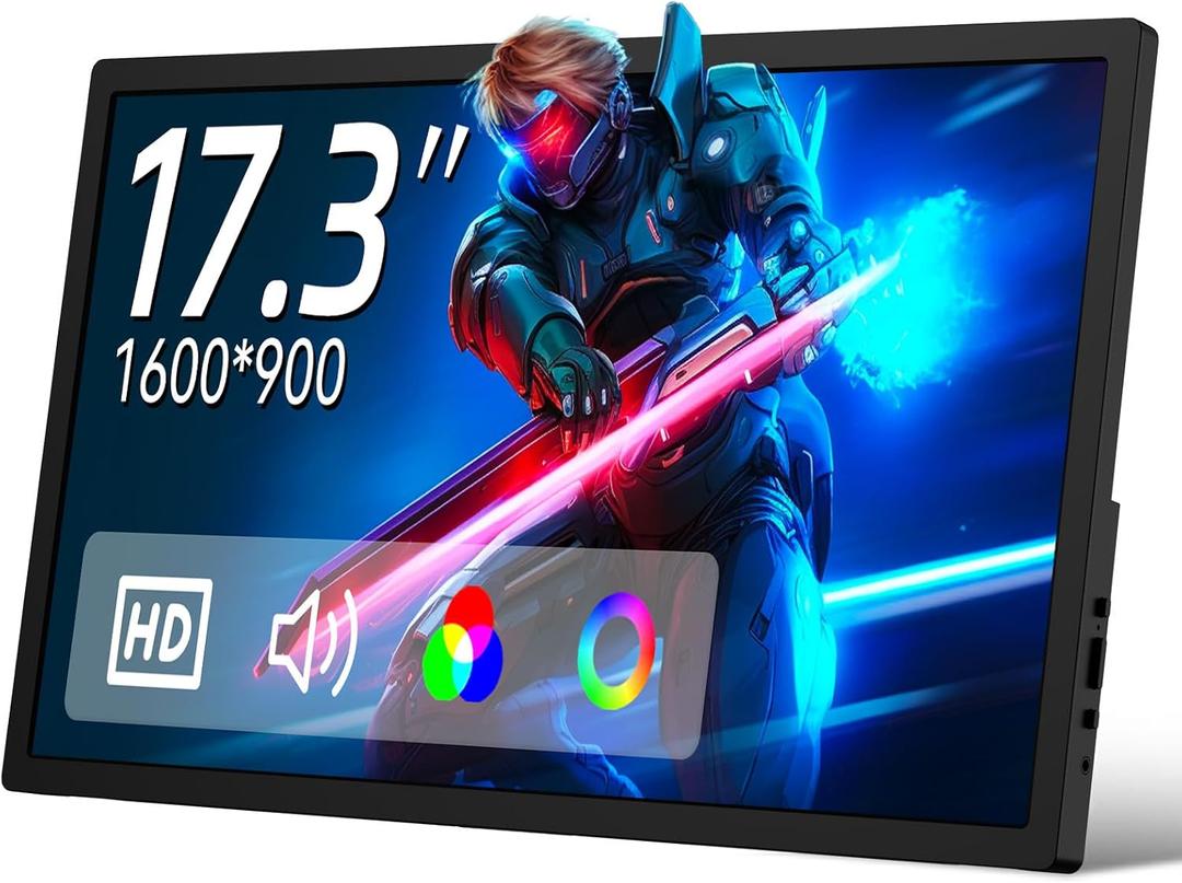 Portable Large Screen Monitor, 17.3" Portable Monitor HDMI USB-C IPS External Screen Small, Built-in Dual Speakers Gaming for Laptop PC, Plug & Play, Lightweight Small Monitor for On-The-Go Use, Black