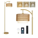 Gold Floor Lamps for Living Room with Remote & Dimmable LED Bulb, Modern Arc Floor Lamp with 3 Color Temperatures, Boho Standing Lamp with Rattan & Fabric Shades, Adjustable Tall Lamp for Bedroom