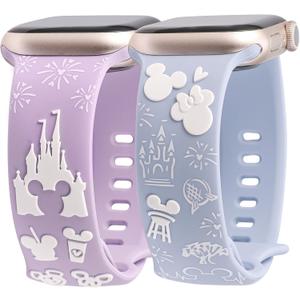 2 Packs Cartoon 3D Raised Band Compatible with Apple Watch Band 49/46/45/44/42/41/40/38mm Women Two-Tone Cute Soft Silicone Sport Strap for iWatch SE Series 10/9/8/7/6/5/4/3/2/1/Ultra(1/2) (Lavender White/Sky Blue White)