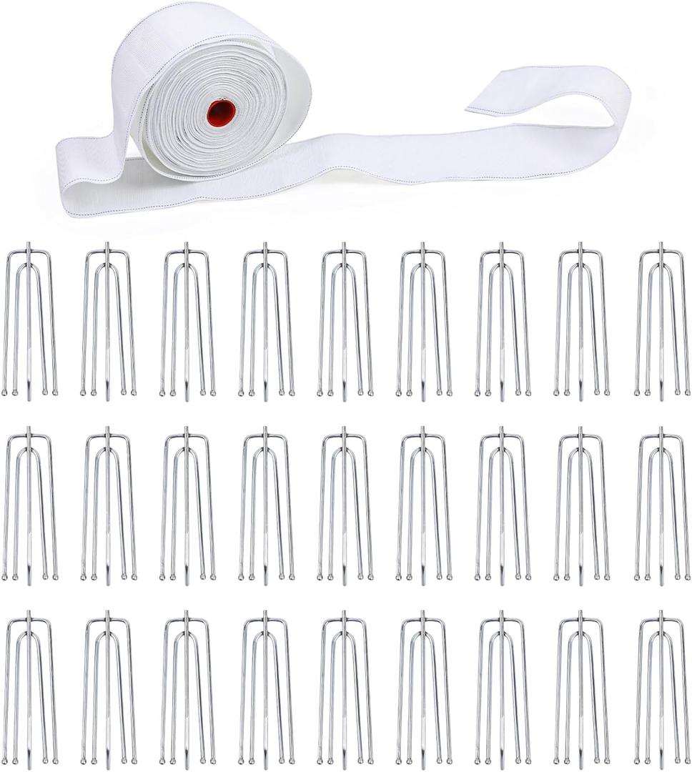 Curtain Pleat Tape, 11 Yards Pleater Curtains Tape with 50 Pcs Stainless Steel Pleater Hooks with 4 Prongs, Pinch Pleat Curtain Drapes Tape for Handmade DIY Pleated Curtain