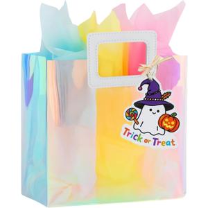 3 x VUOJUR 8.3'' Holographic Small Halloween Trick or Treat Bag for Girls Her with Tissue Paper and Little Ghost Gift Tag (1 Count (Pack of 1))