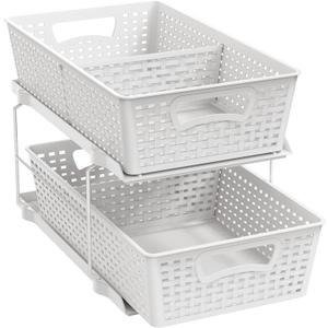Simple Houseware 2 Tier Bathroom Organizer Tray Pull-Out Sliding Drawer, Under Sink Storage, White