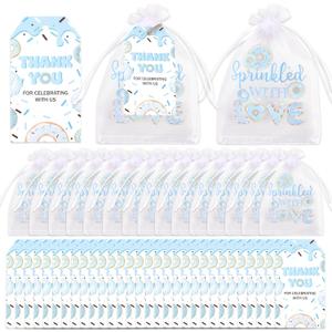 Diartpaint 50 Sets Baby Shower Organza Bags for Boy Girl, Sprinkled with Love Drawstring Bags with Tags String, Thank You Cards and Guests Favor Bags for Candy Soap Goody Baby Party Gift (Donut)