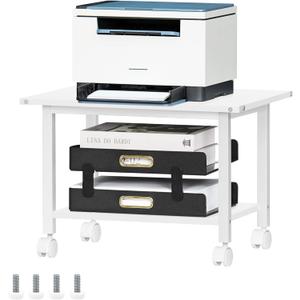 Lerliuo Under Desk Printer Stand, 2-Tier Industrial Mobile Printer Table with Storage Shelf and Steel Frame, Rolling Printer Cart Holder with Lockable Wheels for Home, Office (White)