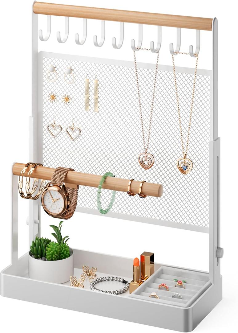 Jewelry Organizer Stand with Velvet Ring Holder, Liftable Necklace Holder with Earring Organizer Net, 9 Hooks Necklaces Storage Wooden Handing Bar for Bracelets Watches Rings (White)