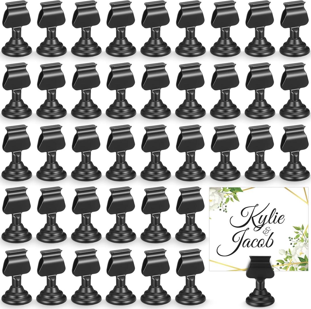 Kathfly 48 Pcs Wedding Table Number Holders 1.7 Inch Black Metal Mini Place Card Holders Bulk Harp-clip Table Sign Stands Card Holder Display Picture Memo Notes Menu for Restaurants Birthday Decor