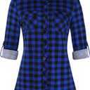 DJT Womens Soft Stretchy Knit Plaid Shirts Roll Up Long Sleeve Collared Button Down Blouses Tops, Large